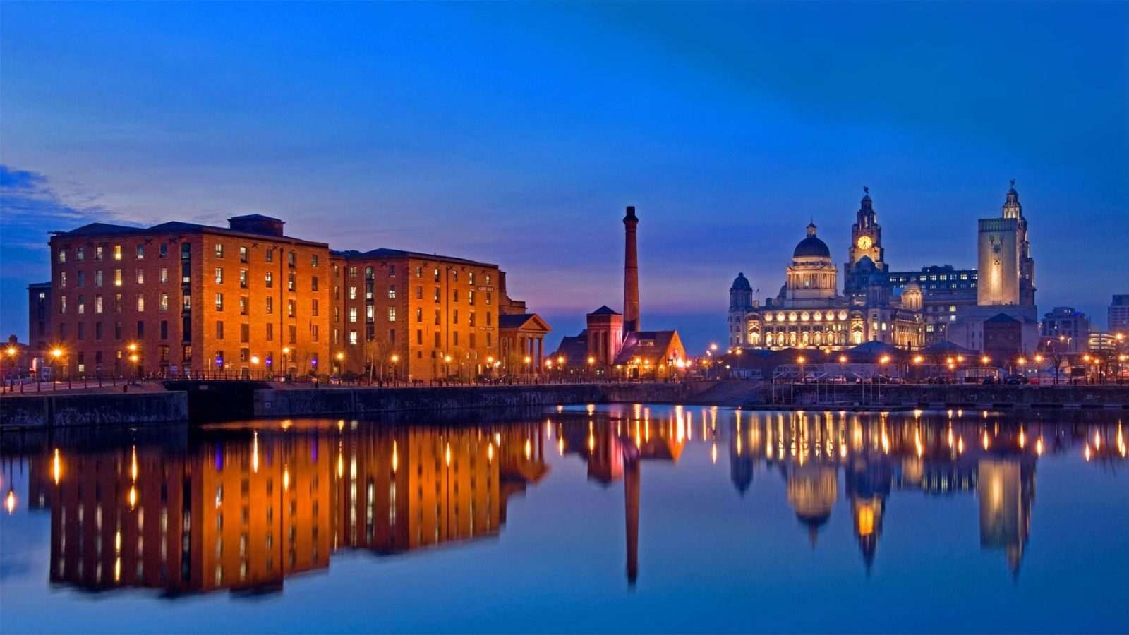 Picture of Liverpool Albert Dock and Three Graces skyline at night